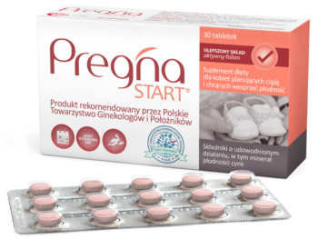 Zdjęcie przedstawia suplement diety Pregna Start, tabletki.