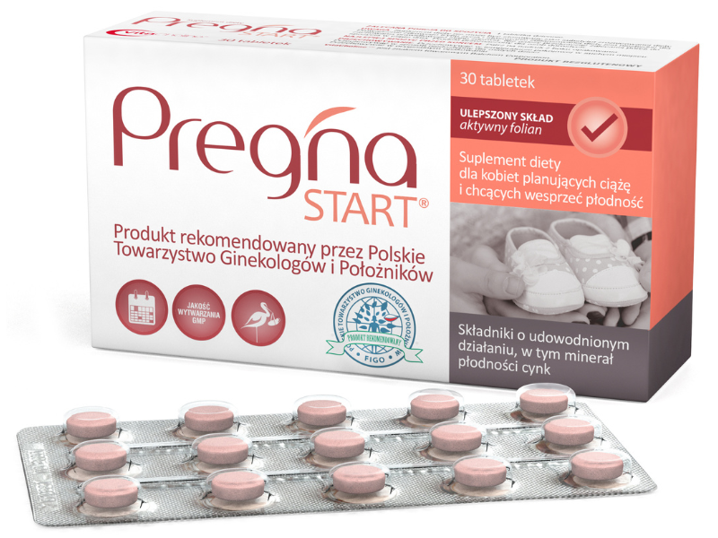 Zdjęcie przedstawia suplement diety Pregna Start, tabletki.