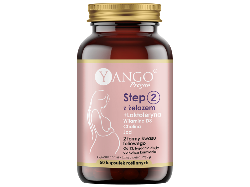 Zdjęcie przedstawia suplement diety Pregna Step2 z żelazem, kapsułki.