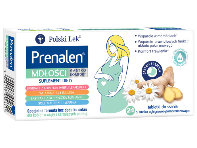 Zdjęcie przedstawia suplement diety Prenalen MDŁOŚCI Gastro Komfort, tabletki do ssania.