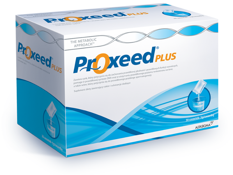 Zdjęcie przedstawia suplement diety Proxeed Plus, saszetki.