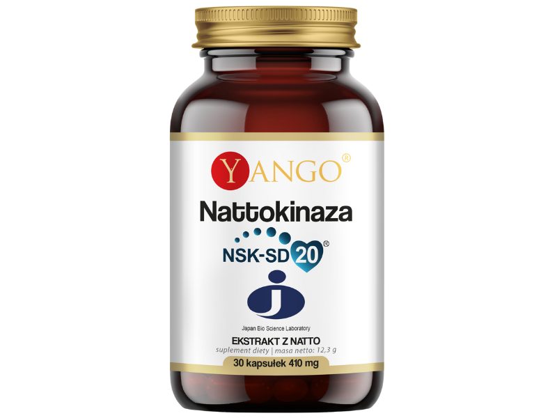 Zdjęcie przedstawia suplement diety Yango Nattokinaza, kapsułki.