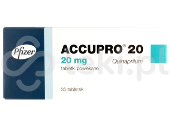 Zdjęcie przedstawia lek dostępny na receptę Accupro, tabletki powlekane, 20 mg.