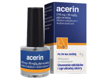 Zdjęcie przedstawia lek bez recepty Acerin, płyn na odciski.