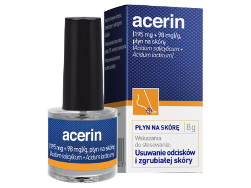 Zdjęcie przedstawia lek bez recepty Acerin, płyn na odciski.