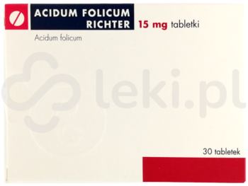 Zdjęcie przedstawia lek dostępny na receptę Acidum folicum Richter, tabletki, 15 mg.