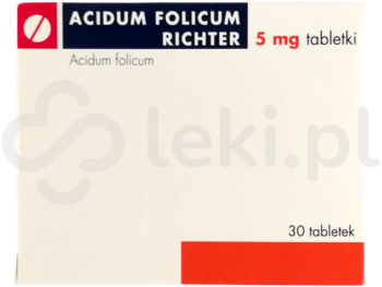 Zdjęcie przedstawia lek dostępny na receptę Acidum folicum Richter, tabletki, 5 mg.