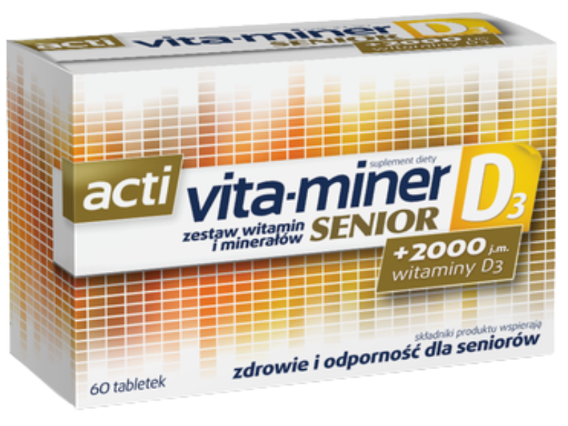 Zdjęcie przedstawia suplement diety Acti Vita-miner Senior D3, tabletki.