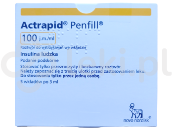 Zdjęcie przedstawia lek dostępny na receptę Actrapid Penfill, roztwór do wstrzykiwań we wkładzie, 100 j.m./ml.