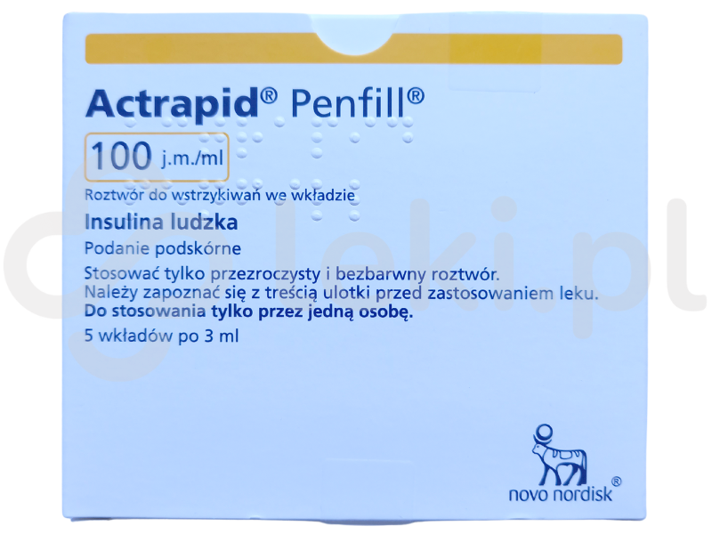 Zdjęcie przedstawia lek dostępny na receptę Actrapid Penfill, roztwór do wstrzykiwań we wkładzie, 100 j.m./ml.