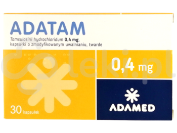 Zdjęcie przedstawia lek dostępny na receptę Adatam, kapsułki o zmodyfikowanym uwalnianiu, twarde, 0,4 mg.