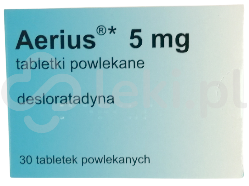 Zdjęcie przedstawia lek dostępny na receptę Aerius, tabletki powlekane, 5 mg.