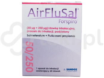 Zdjęcie przedstawia lek dostępny na receptę AirFluSal Forspiro, proszek do inhalacji, (50 µg + 250 µg)/dawkę inhalacyjną.
