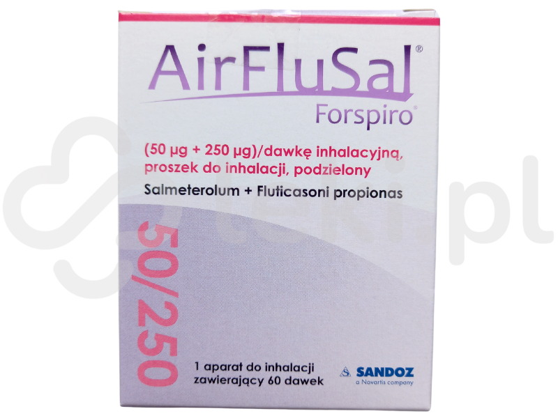 Zdjęcie przedstawia lek dostępny na receptę AirFluSal Forspiro, proszek do inhalacji, (50 µg + 250 µg)/dawkę inhalacyjną.