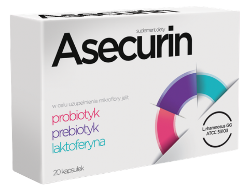 Zdjęcie przedstawia suplement diety Asecurin, kapsułki.