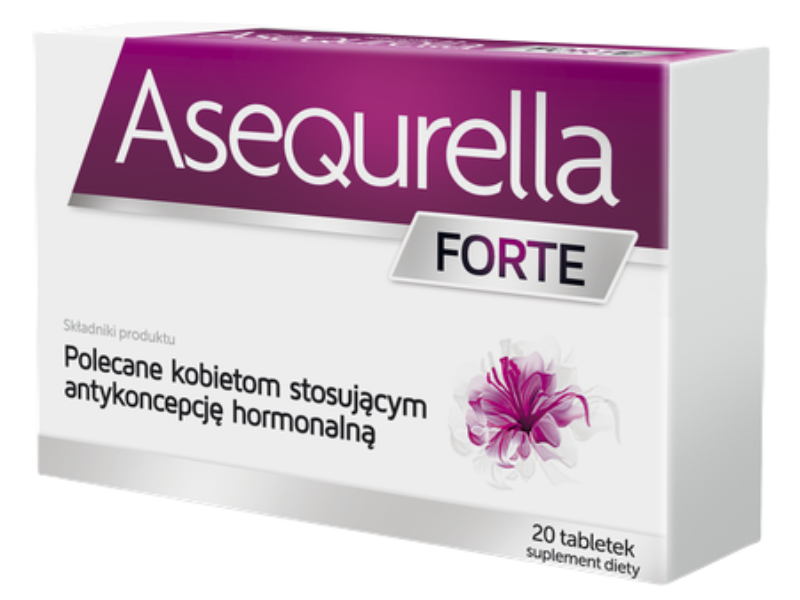 Zdjęcie przedstawia suplement diety Asequrella Forte, tabletki.