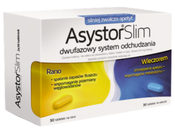 Zdjęcie przedstawia suplement diety Asystor Slim, tabletki.