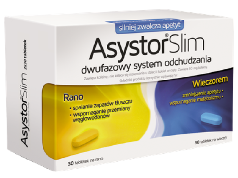 Zdjęcie przedstawia suplement diety Asystor Slim, tabletki.