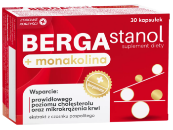 Zdjęcie przedstawia suplement diety BERGAstanol + monakolina Zdrowe Korzyści, tabletki.
