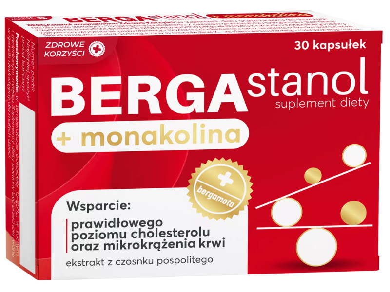 Zdjęcie przedstawia suplement diety BERGAstanol + monakolina Zdrowe Korzyści, tabletki.