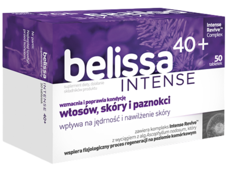 Zdjęcie przedstawia suplement diety Belissa Intense 40+, tabletki.