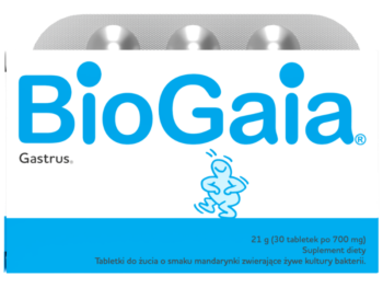 Zdjęcie przedstawia suplement diety BioGaia Gastrus, tabletki do żucia.