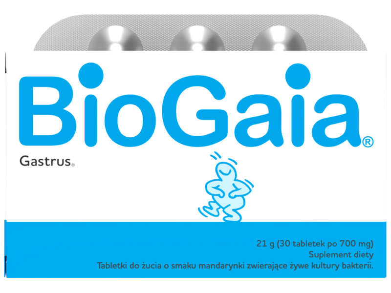 Zdjęcie przedstawia suplement diety BioGaia Gastrus, tabletki do żucia.