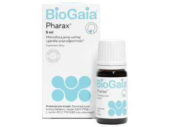 Zdjęcie przedstawia suplement diety BioGaia Pharax, krople doustne.