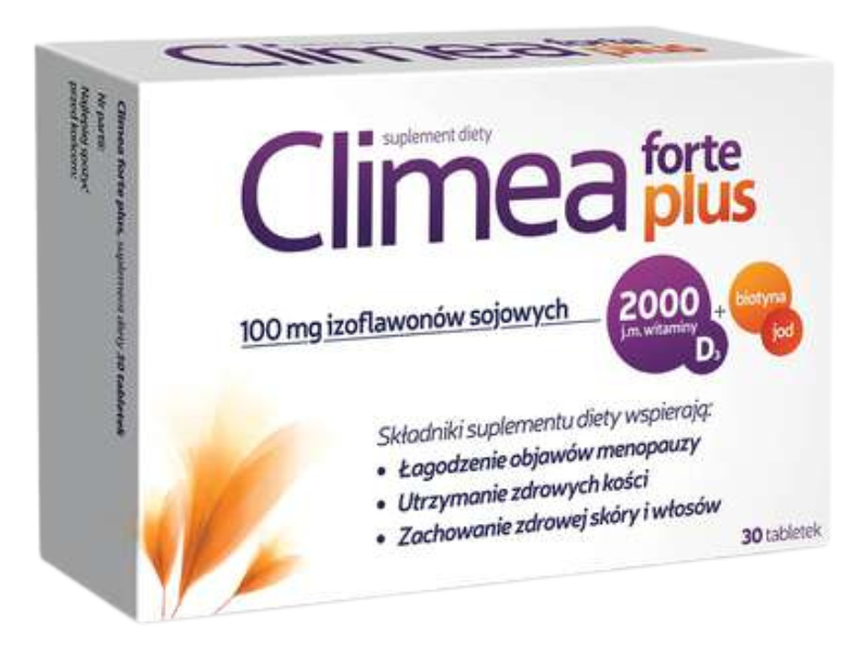 Zdjęcie przedstawia suplement diety Climea Forte plus, tabletki.