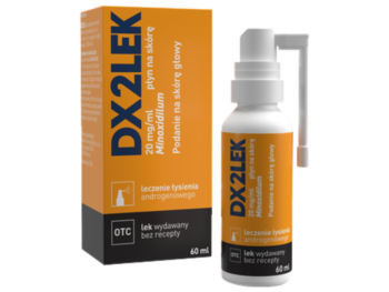 Zdjęcie przedstawia lek bez recepty DX2LEK, płyn na skórę, 20 mg/ml.