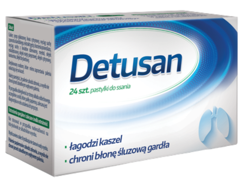 Zdjęcie przedstawia wyrób medyczny Detusan, pastylki do ssania.