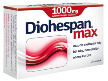 Zdjęcie przedstawia lek bez recepty Diohespan Max, tabletki, 1000 mg.