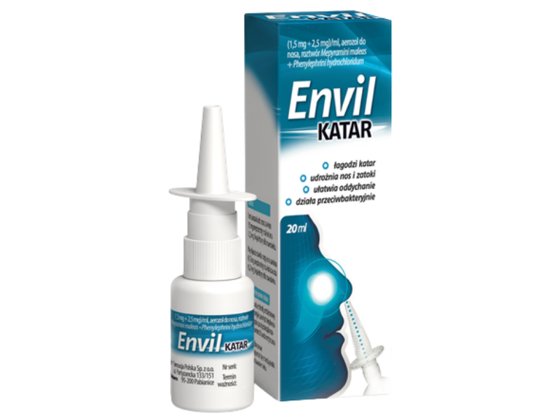 Zdjęcie przedstawia lek bez recepty Envil katar, aerozol do nosa, 1,5 mg + 2,5 mg/ml.