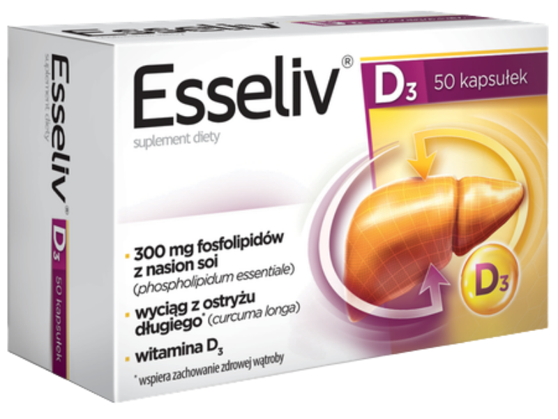 Zdjęcie przedstawia suplement diety Esseliv D3, kapsułki.