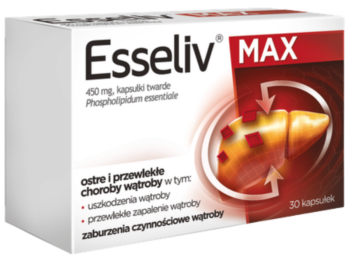Zdjęcie przedstawia lek bez recepty Esseliv Max, kapsułki, 450 mg.