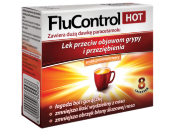 Zdjęcie przedstawia lek bez recepty Flucontrol Hot, saszetki, 1000 mg+10 mg+4 mg.