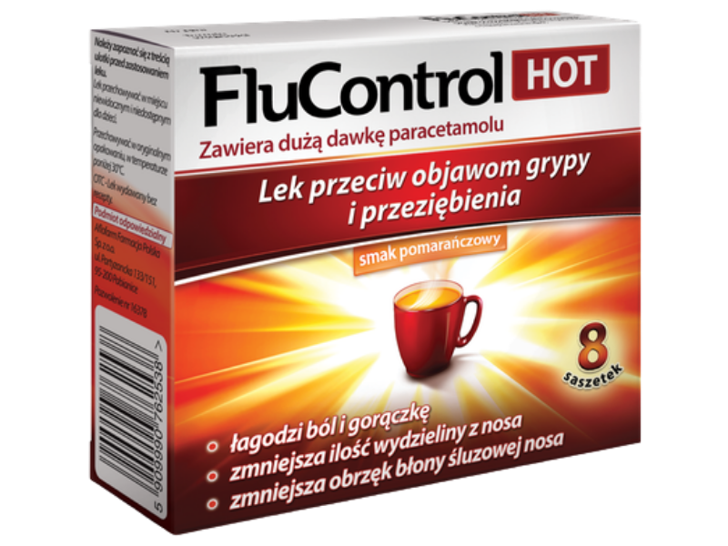 Zdjęcie przedstawia lek bez recepty Flucontrol Hot, saszetki, 1000 mg+10 mg+4 mg.