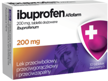 Zdjęcie przedstawia lek bez recepty Ibuprofen Aflofarm, tabletki drażowane, 200 mg.