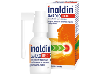 Zdjęcie przedstawia lek bez recepty Inaldin Gardło MAX, aerozol do stosowania w jamie ustnej, 3 mg/ml.