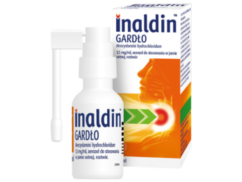 Zdjęcie przedstawia lek bez recepty Inaldin Gardło, aerozol do stosowania w jamie ustnej, 1,5 mg/ml.