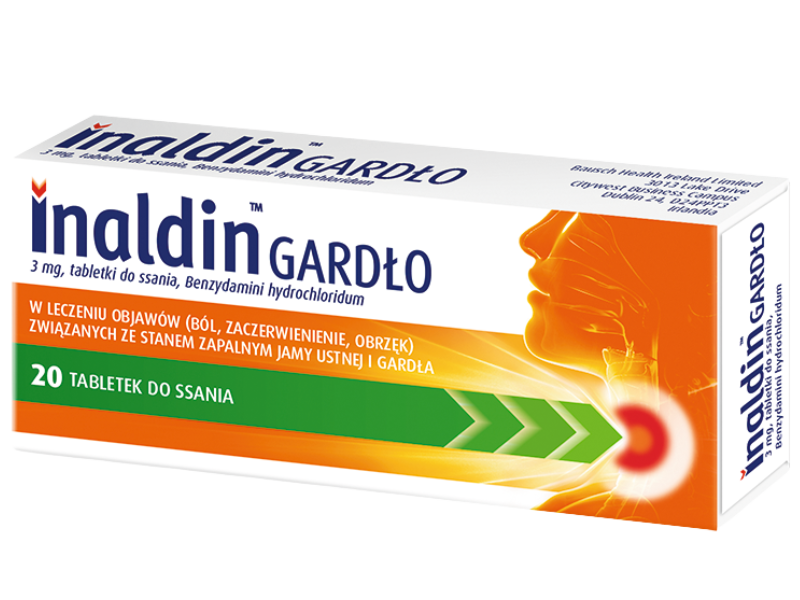 Zdjęcie przedstawia lek bez recepty Inaldin Gardło, tabletki do ssania, 3 mg.