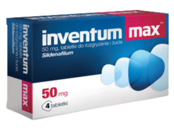 Zdjęcie przedstawia lek bez recepty Inventum Max, tabletki do rozgryzania i żucia, 50 mg.