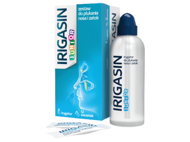 Zdjęcie przedstawia wyrób medyczny Irigasin Junior, zestaw do płukania nosa i zatok.