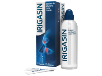 Zdjęcie przedstawia wyrób medyczny Irigasin, zestaw do płukania nosa i zatok.