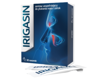 Zdjęcie przedstawia wyrób medyczny Irigasin, zestaw uzupełniający do płukania nosa i zatok.