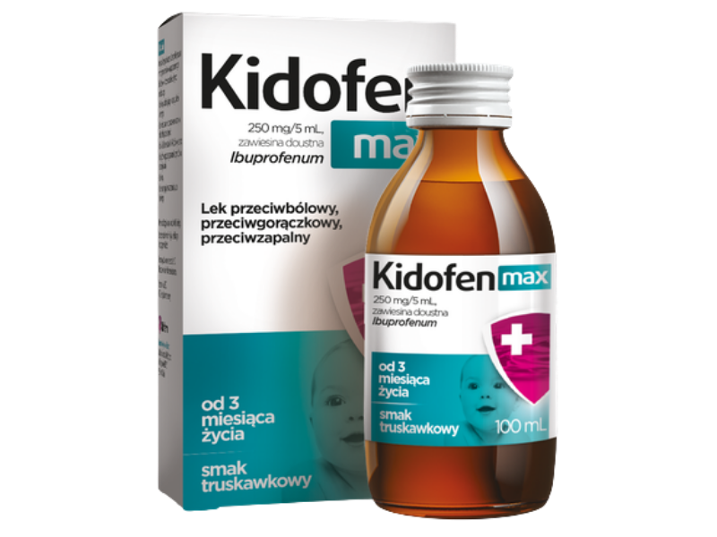 Zdjęcie przedstawia lek bez recepty Kidofen max, zawiesina doustna, 250 mg/5 ml.