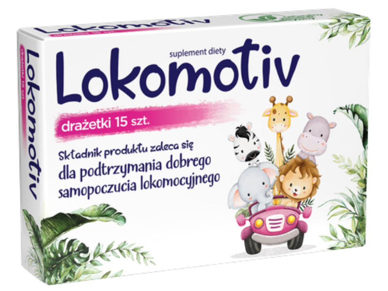 Zdjęcie przedstawia suplement diety Lokomotiv, drażetki.