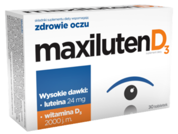 Zdjęcie przedstawia suplement diety Maxiluten D3, tabletki.