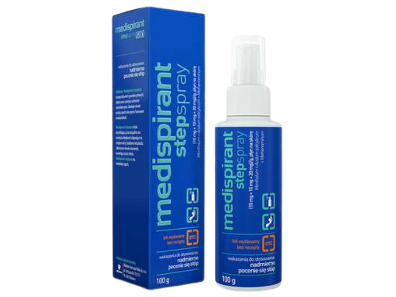 Zdjęcie przedstawia lek bez recepty Medispirant stepspray, płyn na skórę, 10mg+10mg+20mg/1g.