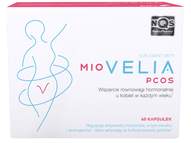 Zdjęcie przedstawia suplement diety Miovelia PCOS, kapsułki.
